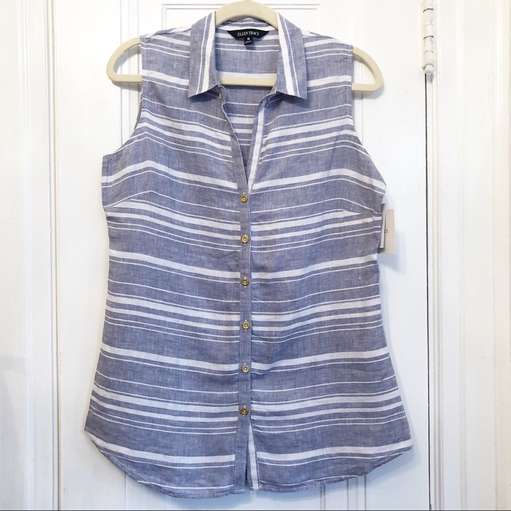 NWT Ellen Tracy chambray linen striped button up sleeveless top Medium